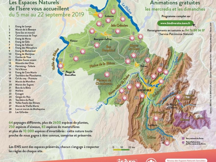 Carte des animations sur les ENS de l'Isère en 2019, sur nature isère