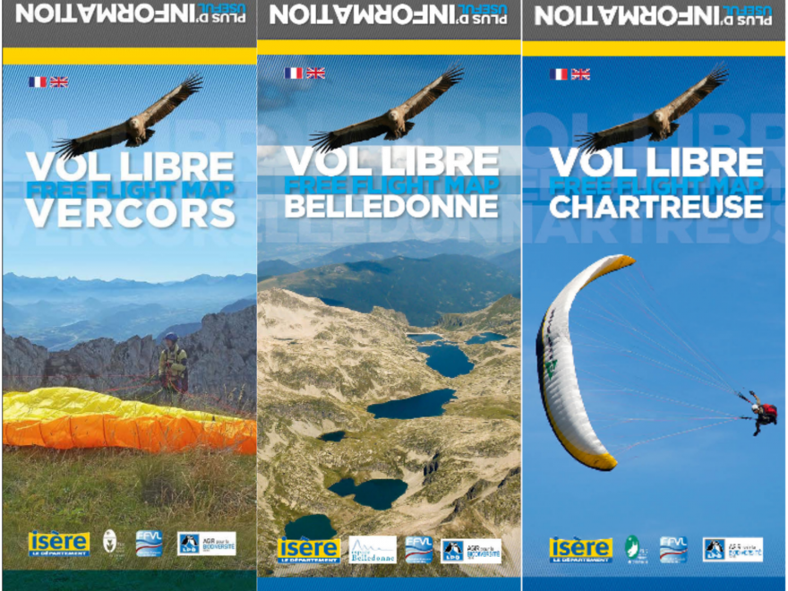 3 cartes sur le vol libre en Vercors, Chartreuse et Belledonne, nature isère
