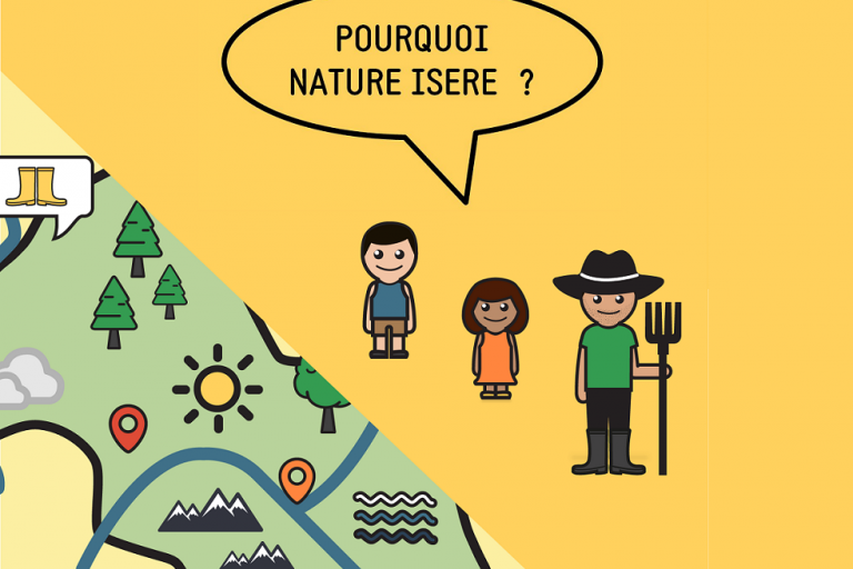 Dessin avec la carte de l'Isère et des personnages qui se demandent pourquoi nature isère a-t-il été créé.