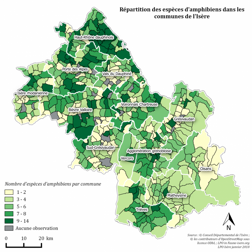 Carte de répartition des espèces d'amphibiens dans les communes de l'Isère, LPO Isère
