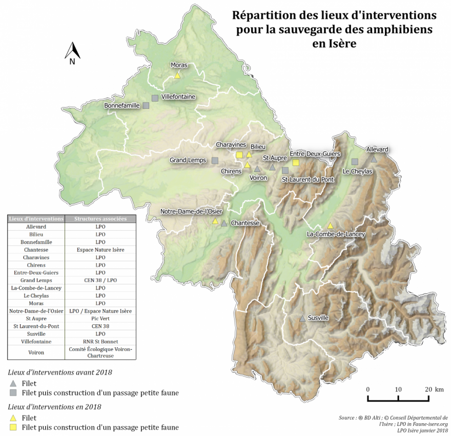 Carte de répartition des lieux d'interventions pour la sauvegarde des amphibiens en Isère, LPO Isère           