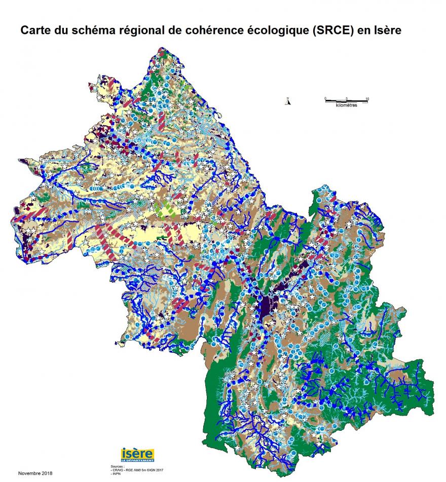 Carte du schéma régional de cohérence écologique (SRCE) en Isère