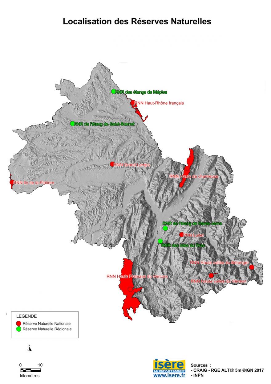 Carte des réserves naturelles de l'Isère, par le Département de l'Isère