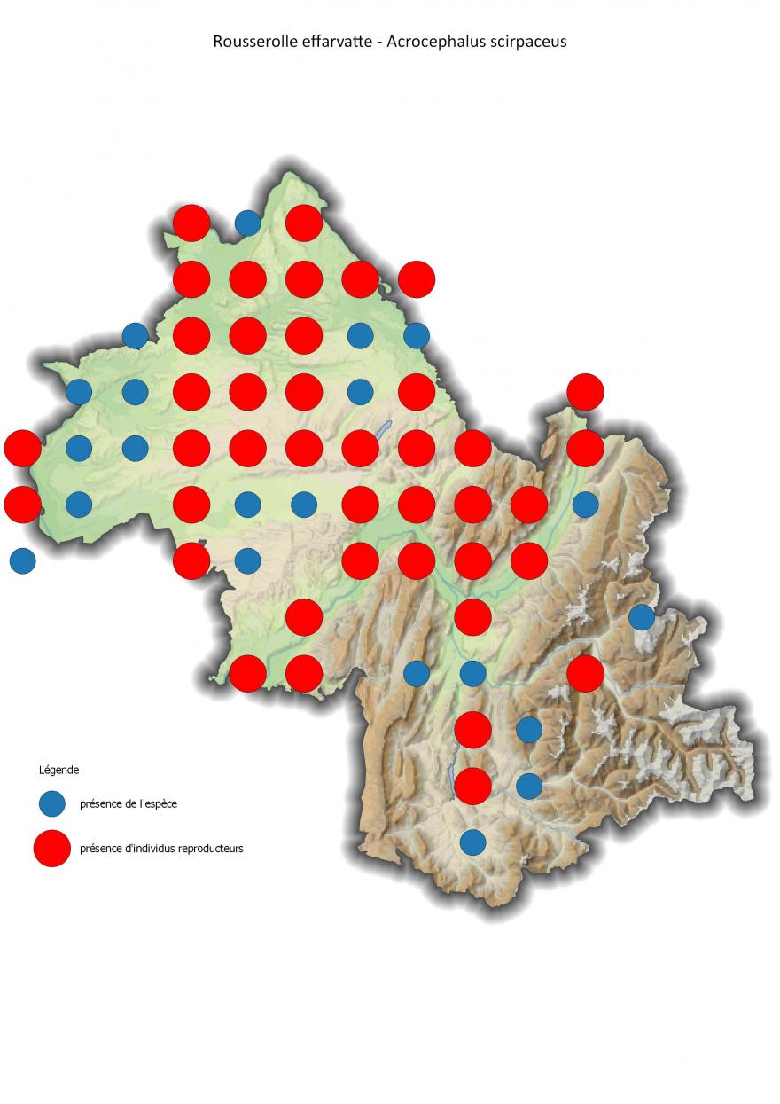 Répartition de la rousserolle effarvatte en Isère (2001-2016).