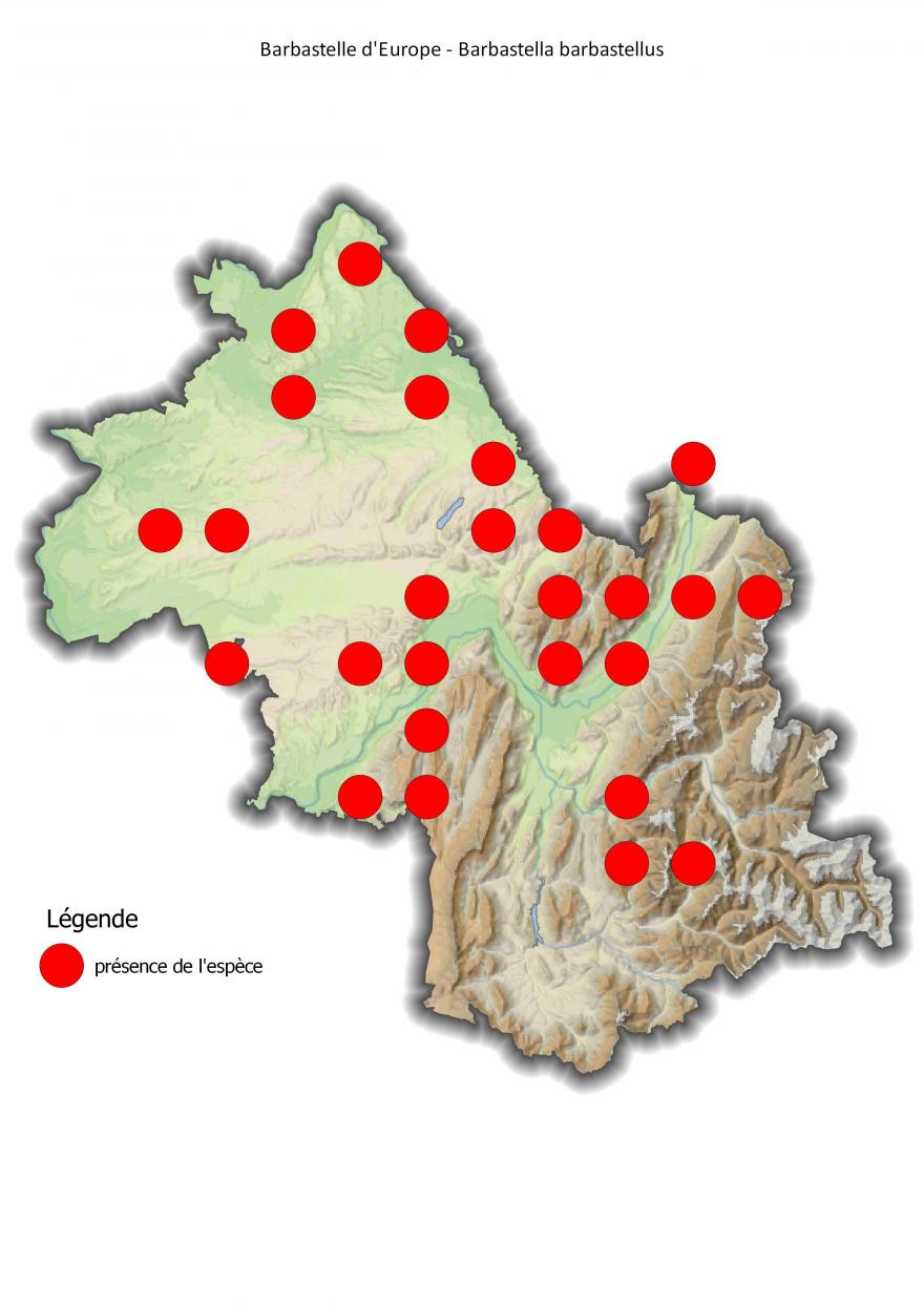 Carte de répartition de la barbastelle d'Europe en Isère (2001-2016) - Nature Isère.