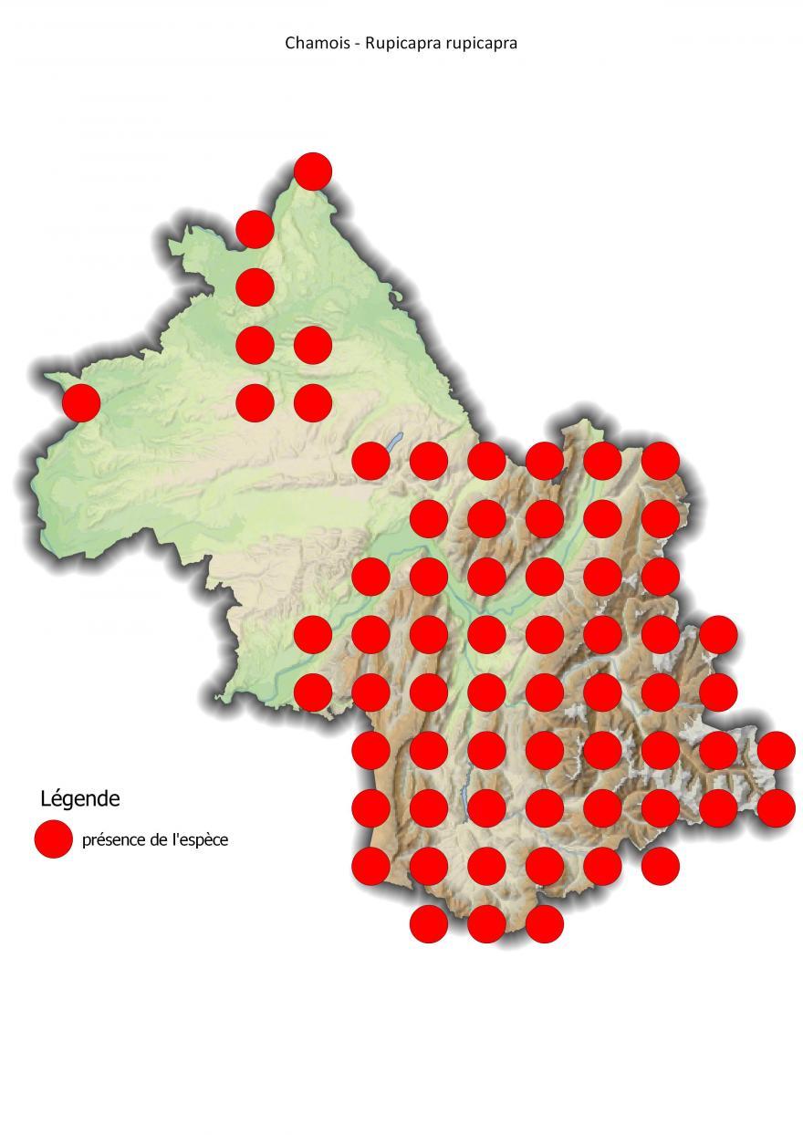 Carte de répartition du chamois en Isère (2001-2016)