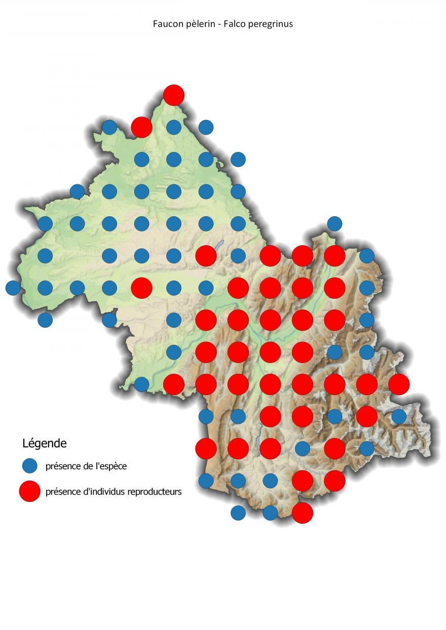 Carte de répartition du faucon pèlerin en Isère (2001-2016).