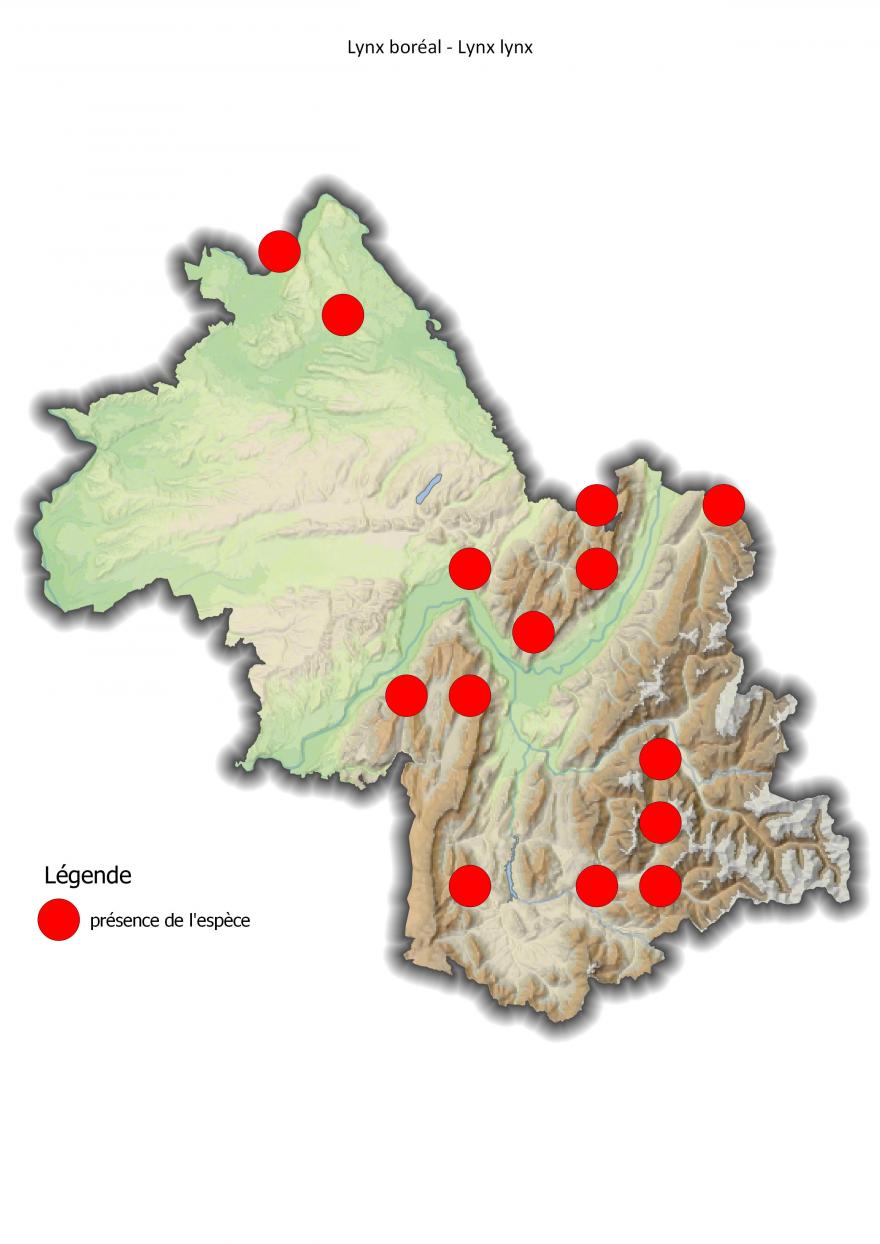 Carte de répartition du lynx boréal en Isère (2001-2016).