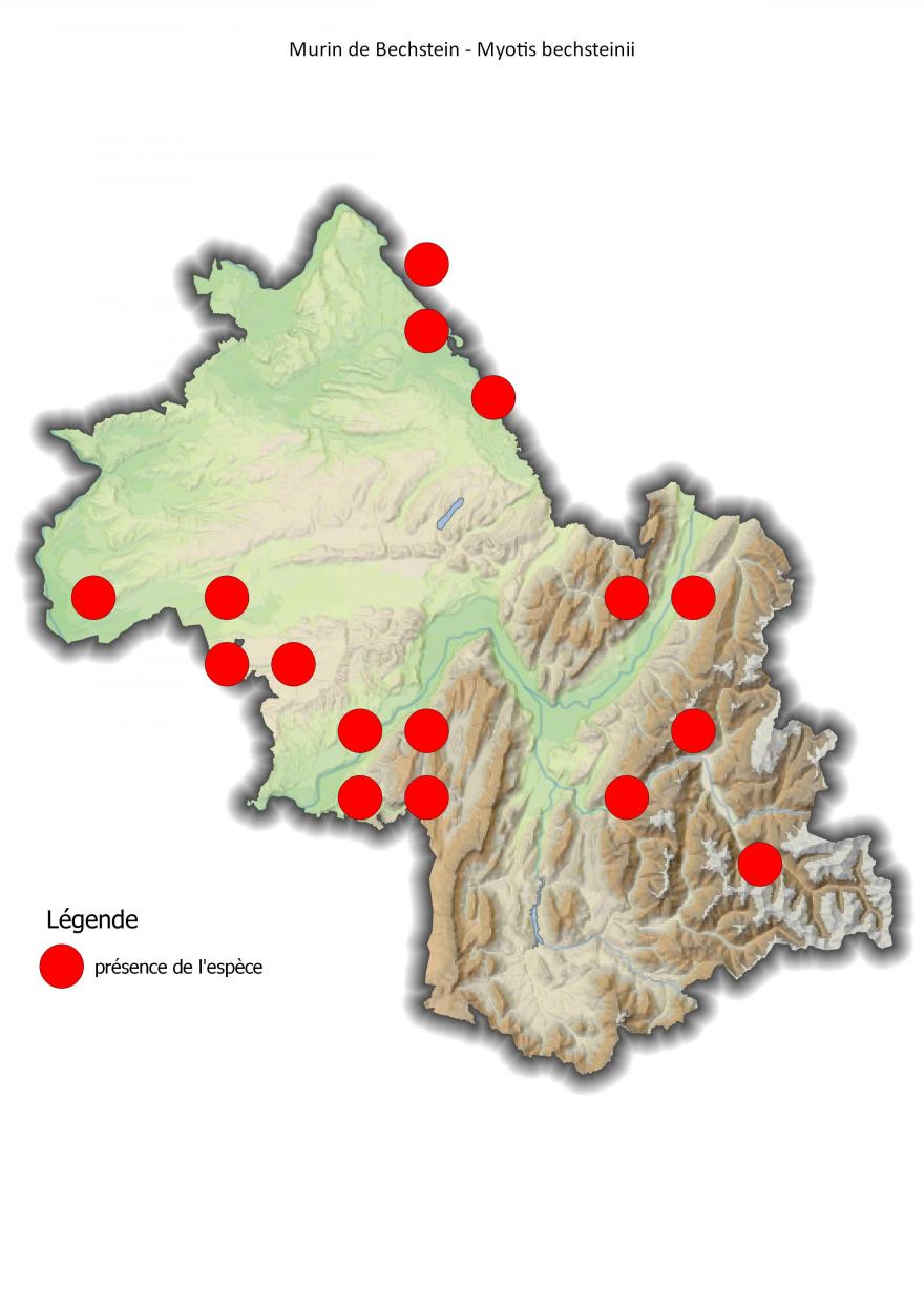 Carte de répartition du murin de Bechstein en Isère (2001-2016).