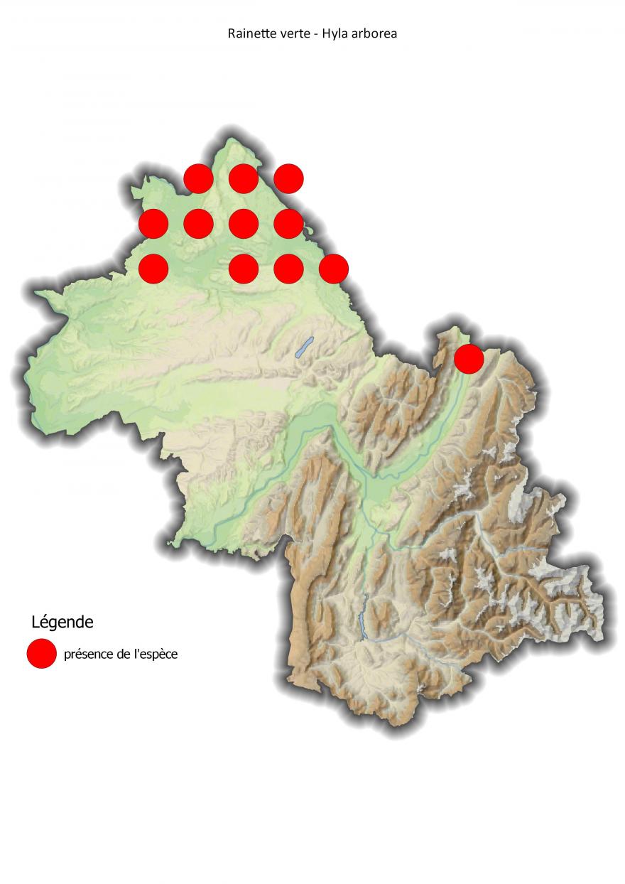 Carte de répartition de la rainette verte en Isère (2001-2016).
