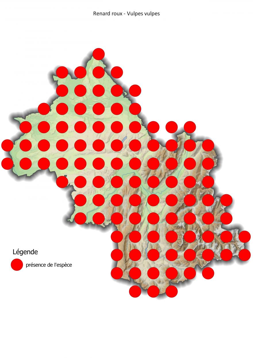 Carte de répartition du renard roux en Isère (2001-2016).
