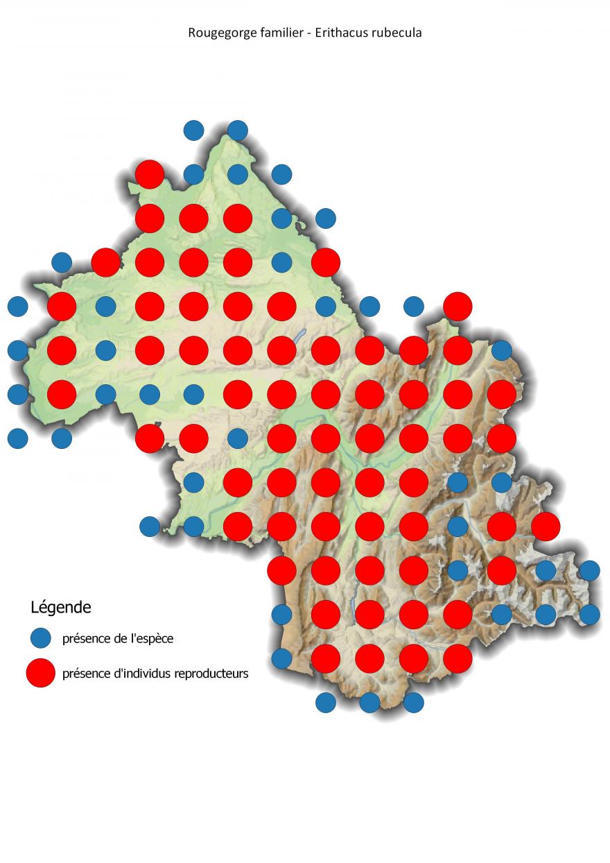 Carte de répartition du rougegorge familier en Isère (2001-2016).