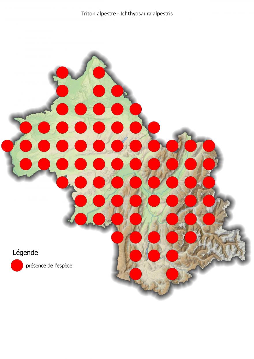Carte de répartition du triton alpestre en Isère (2001-2016).