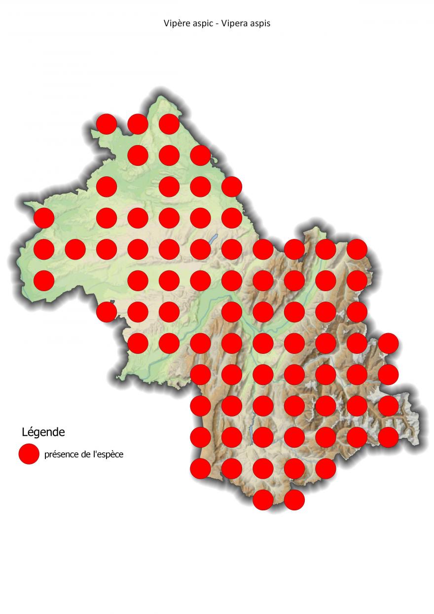 Carte de répartition de la vipère aspic en Isère (2001-2016).