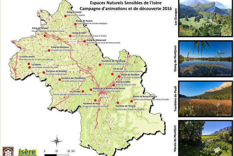 A la découverte des espaces naturels sensibles de l'Isère - les ENS où se déroulent les animations - Carte du Département de l'Isère