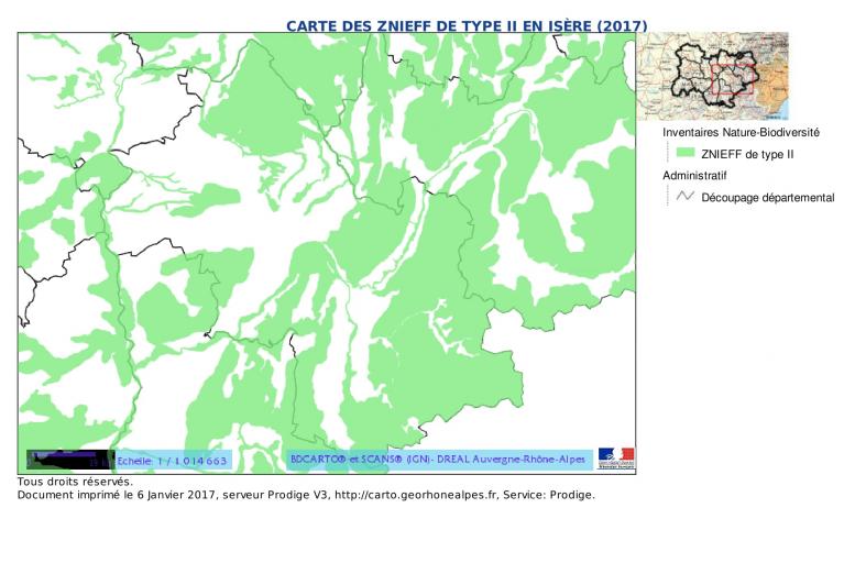 Carte des ZNIEFF de type II en Isère (2017), extrait DREAL, nature isère